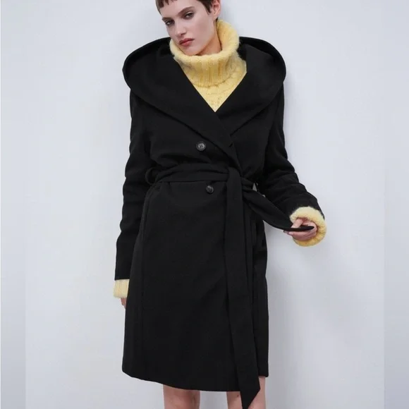 Zara Black Double-Breasted Coat With Hood Size S - Picture 2 of 5